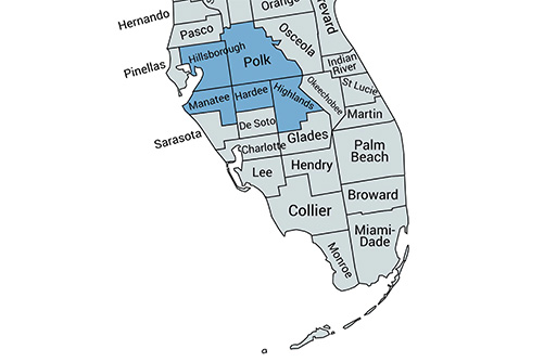Map displaying the service area in Florida